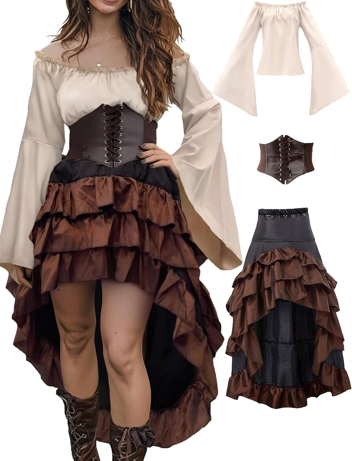 Para mujeres Pirata Corpiño Corpiño Corsé Vestido PEQUEÑO 3 piezas Disfraz de Halloween Juegos con disfraces
