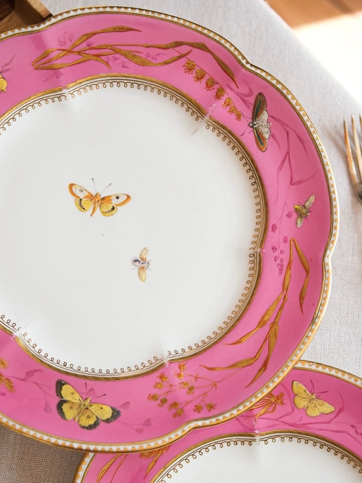 Antique Copeland Aesthetic Pink And Gold Hand Painted butterfly Porcelain Plate - Image 4 of 4
