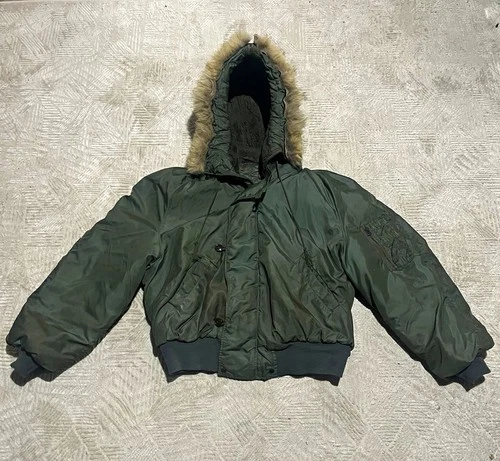 Vtg 80s Very stained Civ N-2B sage green Bomber Jacket heavy attached Hood Sz XL - product listing photo