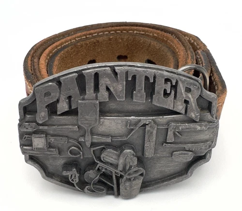 VINTAGE SIOKIYOU PEWTER “PAINTER” BELT BUCKLE WITH 38” DISTRESSED LEATHER BELT