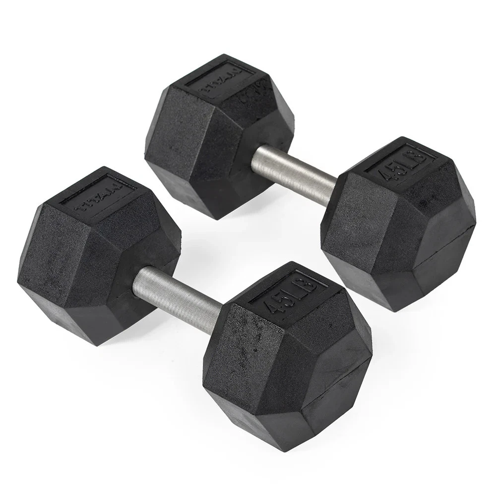 Titan Fitness 45 LB Pair Free Weights, Black Rubber Coated Hex Dumbbell, Straigh