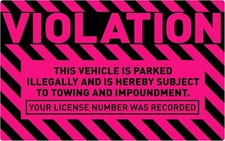 50 Parking Violation Stickers, 5 x 8 inch  Violation - Vehicle Illegally Pink