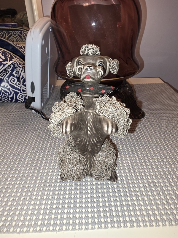 Vintage Japanese Spaghetti Poodle Ceramic Dog Figurine Brown Begging With Bowtie