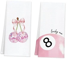 Lucky Me Kitchen Towels Set of 2, 16x24 Inch Pink Cherry and 8 Ball Pink Luck
