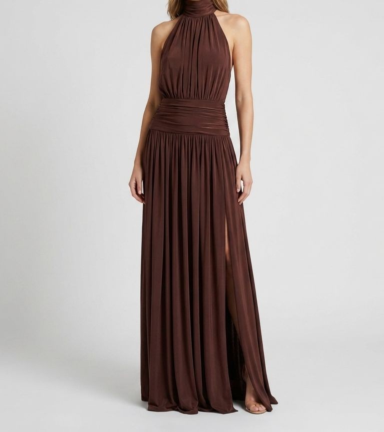Elisabetta Franchi Women's Brown Solid Ruched Halter Sleeveless Dress Size 44