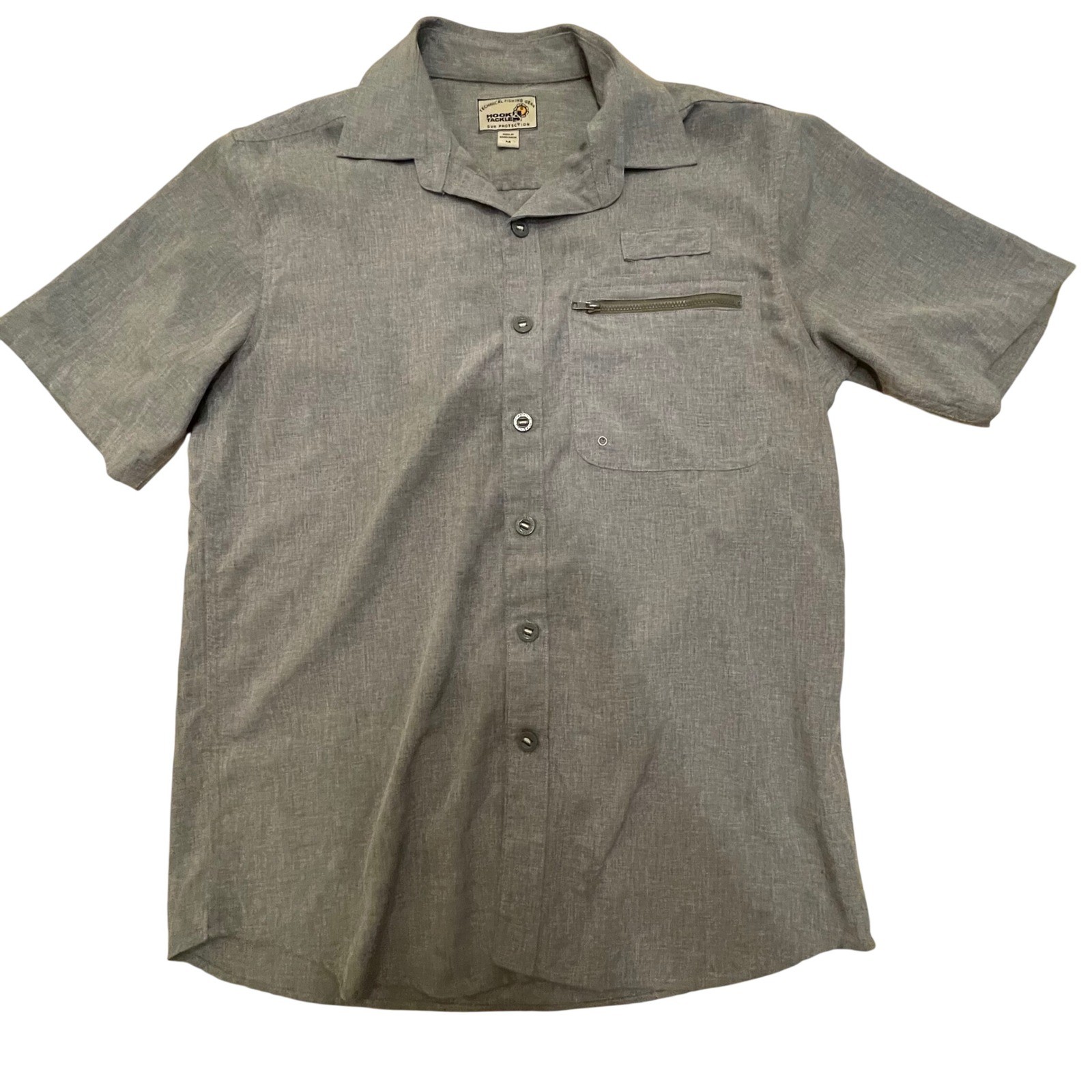 Hook & Tackle Fishing Shirt Sun Protection Short Sleeve Button Up Gray M