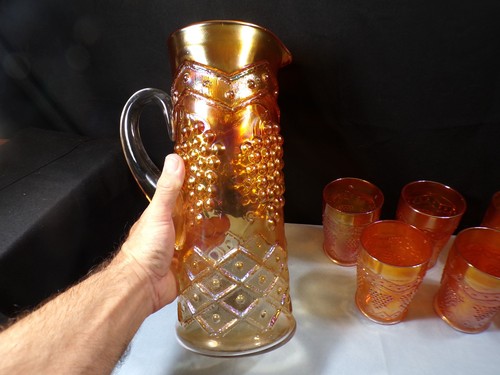 Fenton Marigold Carnival Glass Lattice & Grape Water Set Tankard & Tumblers - Picture 4 of 16