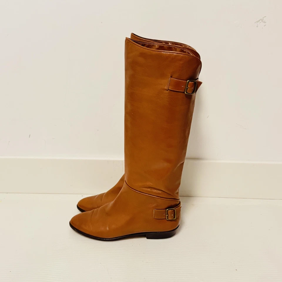 Andrew Geller Botas Mujer 6 Marrón Cuero Montar Hebilla Hasta la Rodilla Italia Pull On Foto 4 de 4