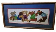 Tumbling Teddy Bears Completed Crewel Framed Vtg  Baby Child Room Nursery Decor
