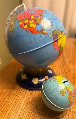 Vintage 13" World Globe Ohio Art & 4"Ohio Art Lithograph Globe Savings Coin Bank