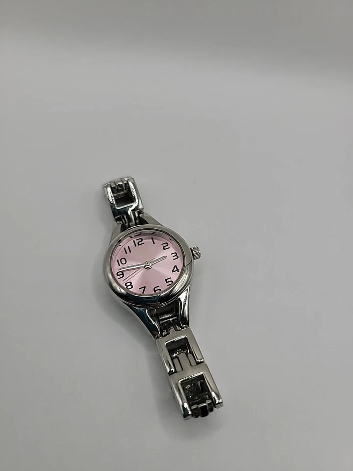 Винтажные женские серебристого тона наручные часы розовый циферблат кварц аналоговый браслет - Изображение 3 из 4