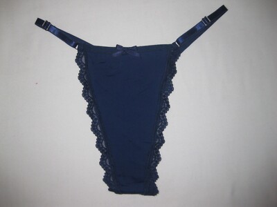 Shein lace trim w/bow high-leg cut thong panties S navy nip 80s retro kawaii