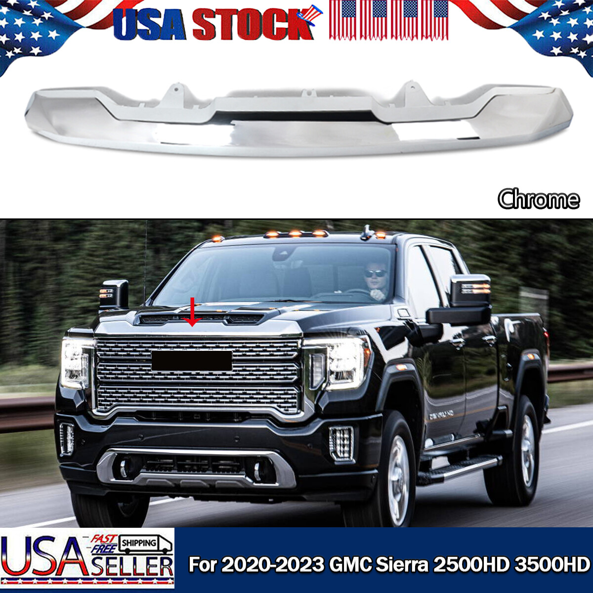 For 2020-2023 GMC Sierra 2500HD 3500HD Front Hood Molding Grille Trim Chrome
