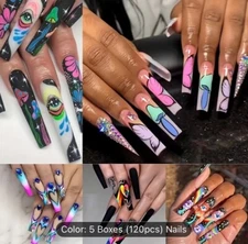 5 Boxes 120 Pcs Extra Long Press On Nails Set - Cosmic Eyes etc