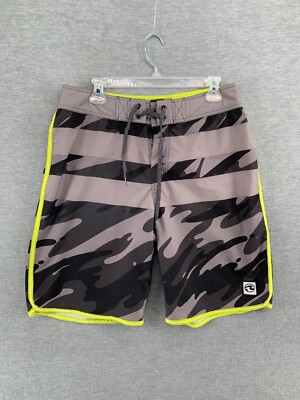Ocean Current Board Shorts Mens 32 Gray Yellow Cargo Pockets Surf Beach Unlined