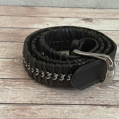 Paige Leather Braided deep dark brown rustic belt with silver chain buckle