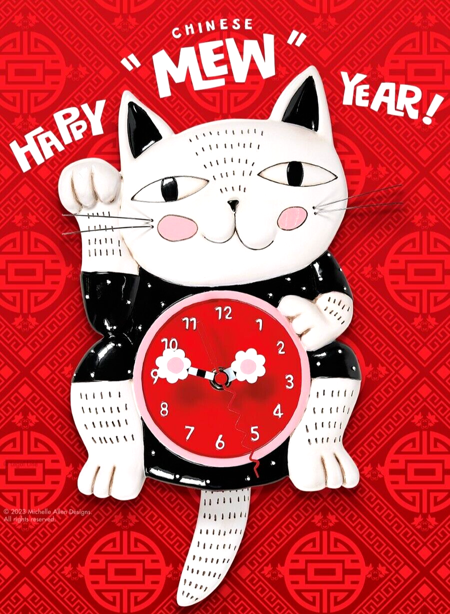 ✤ New ALLEN DESIGNS Wall Clock WAVING LUCKY CAT Swing Tail