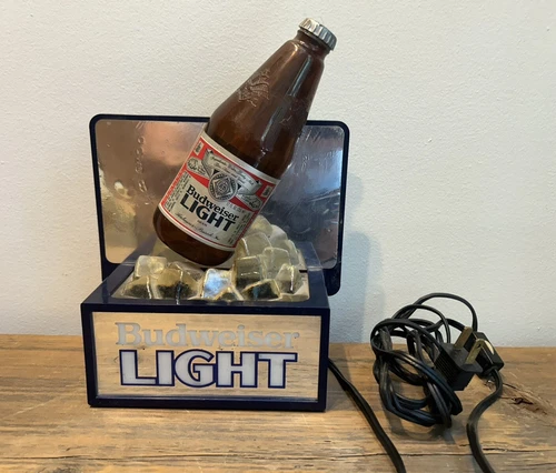 Vintage Budweiser Light Beer Lighted Bottle on Ice Sign Bar Tabletop - WORKING