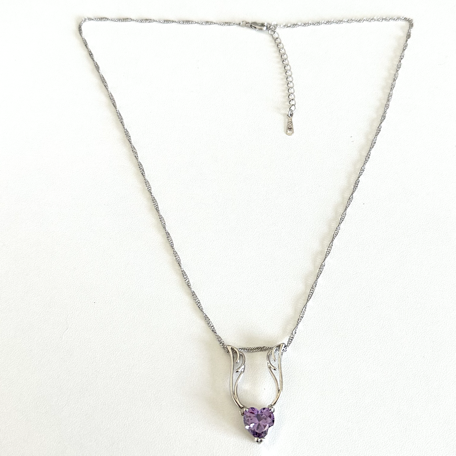 925 Sterling Silver Angel Wing Heart Necklace with Purple CZ Adjustable for Women
