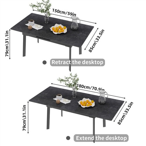Premium Textured Stone Top Extendable Dining Room Table Steel Legs f 6-10 People - Picture 24 of 25