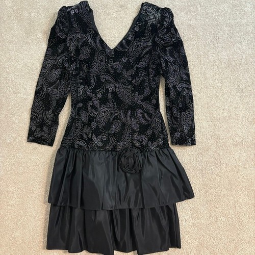 Filigree Vintage Paisley Velvet Dress Party Cocktail Tiered Skirt Size 12
