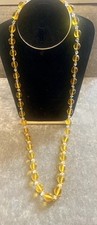  Vintage 1920’s  Large Honey Yellow Glass Beaded Silver Gilt Necklace 32” 