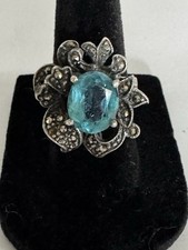 vintage marcasite ring Blue Topaz Sterling 925 Sz 6