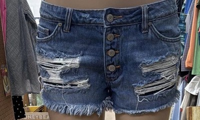 KanCan Women s M Blue Medium Wash Distressed Denim Cut Off Shorts Button Fly