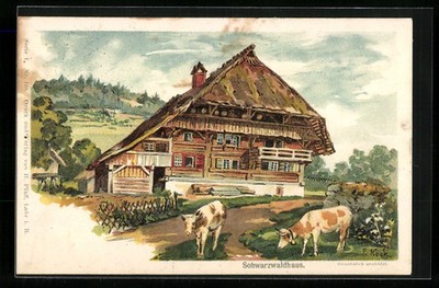 Artist postcard Black Forest house, cows on the way in front of the house 