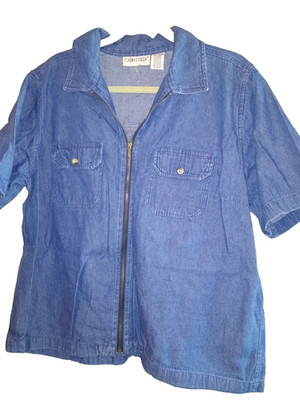 cabin creek denim shirt womens plus 1X full zip collar top Short slv flap pocket