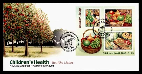 DR WHO 2002 NEW ZEALAND FDC CHILDRENS HEALTH PRODUCE S/S $1.85 M71924