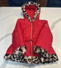 Pistachio Red Quilted Puffer Coat For Toddler Girl Size 5 Leopard Faux Fur Trim