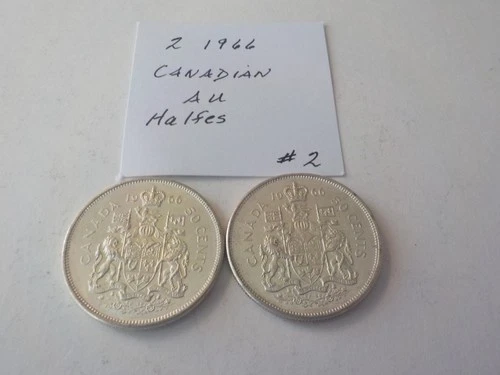 TWO   1966  CANADIAN  HALF   DOLLAR      AU    .800   SILVER