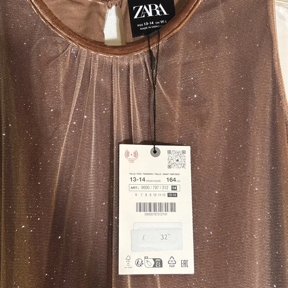 Zara новый с Ярлыками платье блестящий Роза падение талии тюль коричневый девочек 13-14 - Изображение 4 из 4