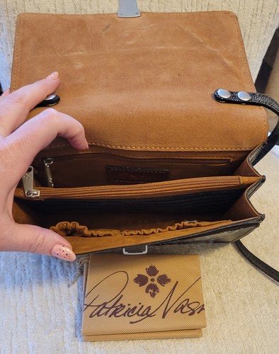 NWT PATRICIA NASH Locri Italian leather turquoise brown x-body clutch bag purse - Picture 2 of 6