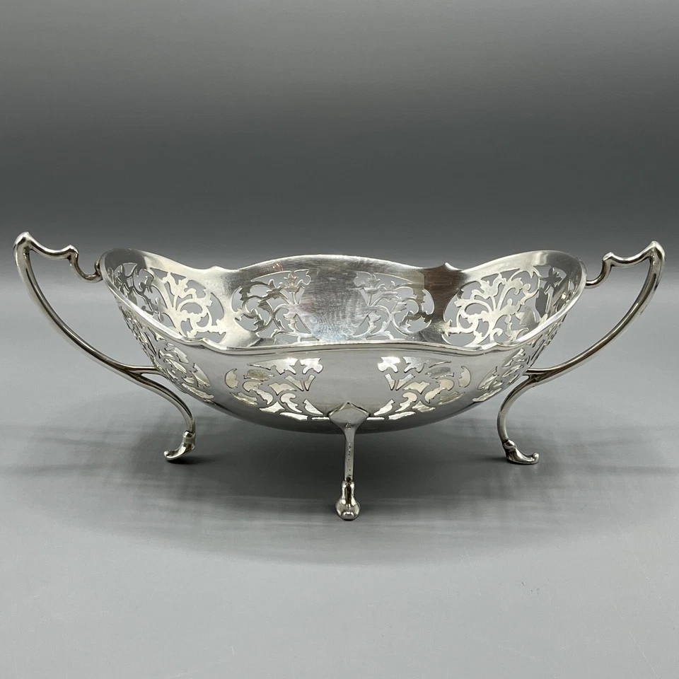 Antiguo Art Nouveau Plateado Pan Fruta Cesta Plato Tazón Pies Doble Asas Foto 2 de 4