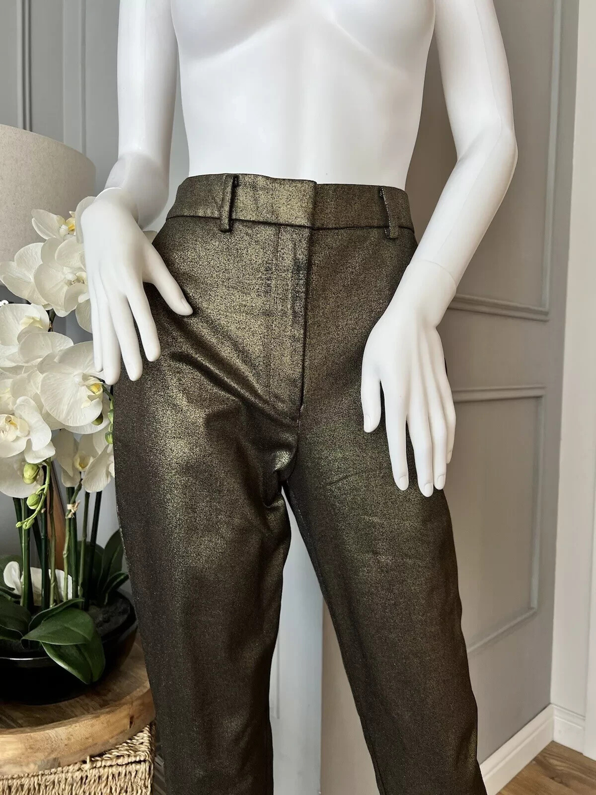 AllSaints Trousers  Micah Metallic Shimmer Gold Slim Fit UK 10 EUR 38 RRP £159 image 5