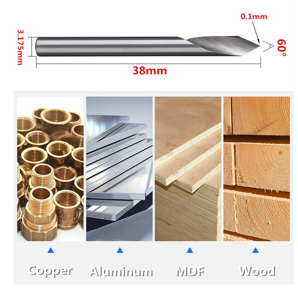 0.1mm Tip 3.175x60 Degree V Groove 1Flute Spiral Carbide Engraving Bit for Metal - Image 2 of 4