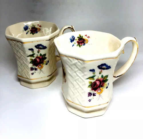 (2) Vintage Sadler England Coffee Cups Mug Cream with Pink Rose Blue Lily Floral