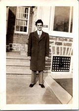 Dapper Young Man in Peacoat + Suit Posing & Smiling at Home FOUND B+W Photo 0310
