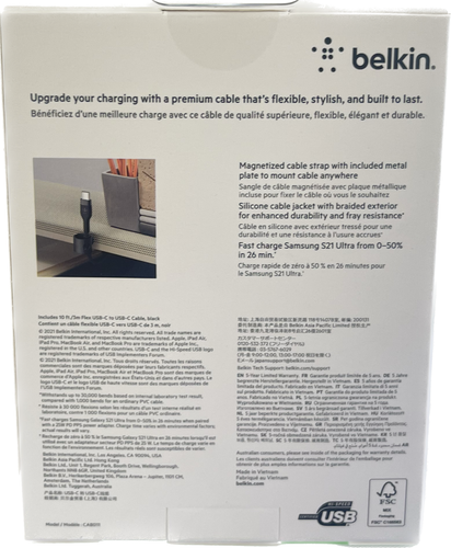 NEW Belkin BoostCharge Pro Flex USB-C Cable W/USB-C Connector Cable + Strap 10FT - Picture 2 of 3