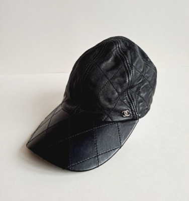 CHANEL キャップ Chanel Black Quilted Lambskin Leather Cap Hat Size Small | eBay