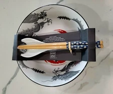 2 Sets of SH HOME 8" Black Dragon Ramen Bowls + Chopsticks & Ceramic Soup Spoons