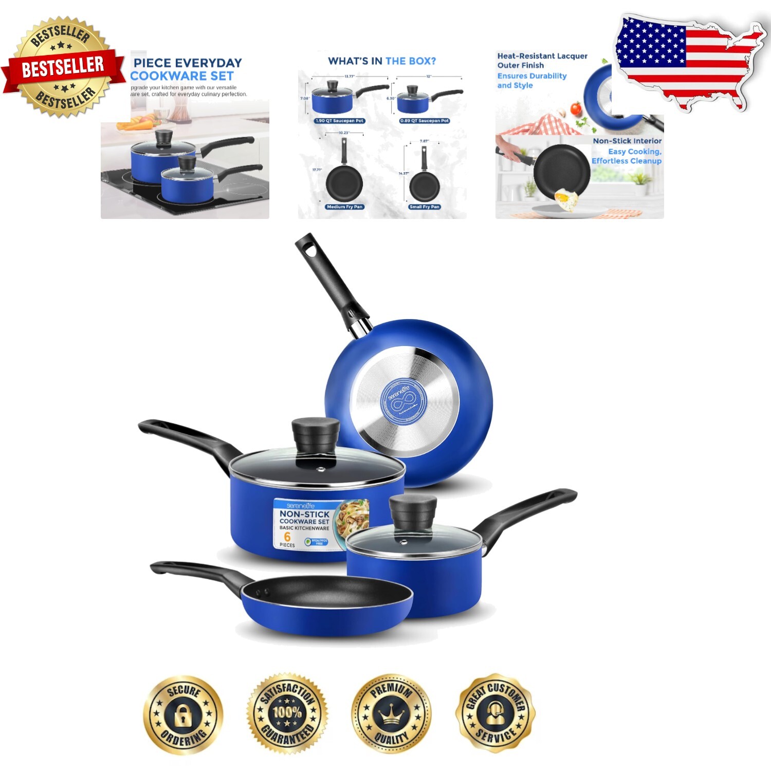 Durable 6-Piece Blue Kitchen Cookware Set with Heat-Resistant Bakelite Handles