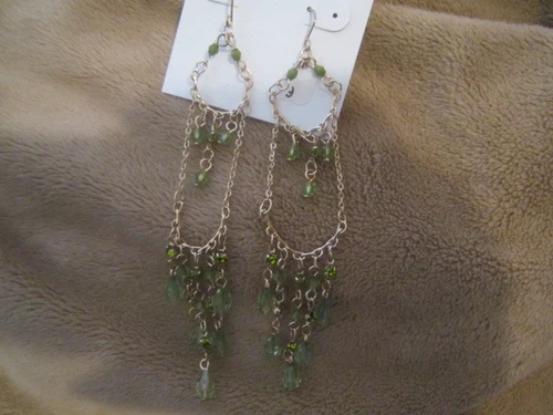 NINE WEST LONG / DANGLE EARRINGS GREEN STONES NEW
