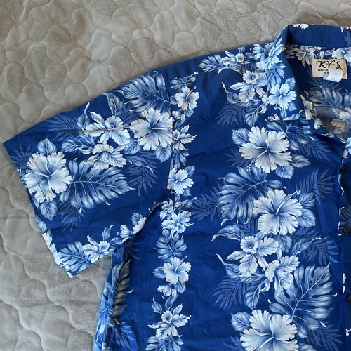 KY'S Mens Hawaiian Shirt 3XL Tropical Floral Lei Tiki Made in Hawaii XXXL- Blue - Picture 6 of 13