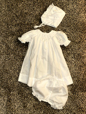 Petit Ami Smocked White Bishop Dress, Smocked Bonnet & Diaper Cover Size Preemie