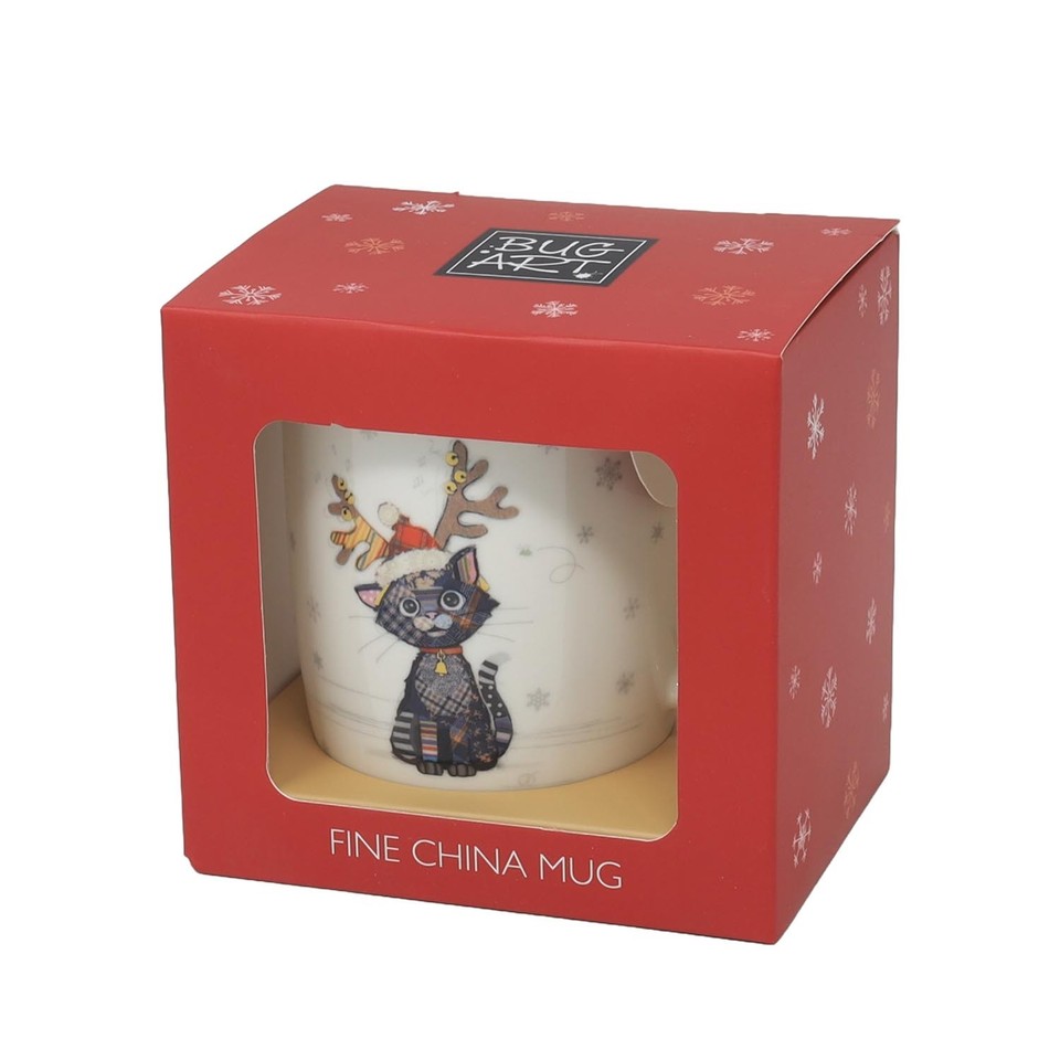 Fine China Bug Art Kitten Cat Coffee Mug Animal Festive Xmas Christmas ...