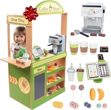 Pretend Coffee Shop Wooden Playset Kids Drive Thru Window Fun Activity Center