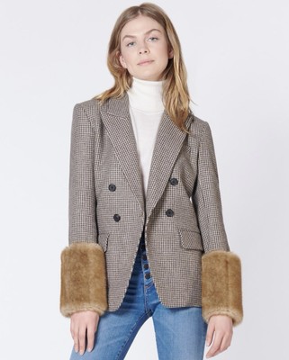 Veronica Beard Fahey Houndstooth Dickey Jacket Blazer w/ Removable Faux Fur  Cuff
